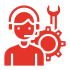 Red icon of a person wearing headphones with a wrench and screwdriver crossed in front.